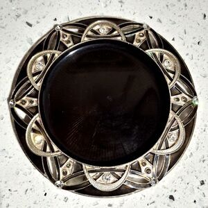 Wine Champagne Coaster Black Sliver Tone Metal Art Deco Enamel Crystal Accents